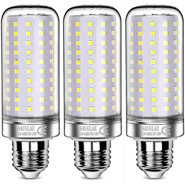 3-pack 26W LED-lampor, 200W motsvarande, 6000K Kallvitt ljus, E27 Skruvlampor