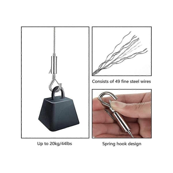 6 STK Justerbar Billedophængningswire, 2M X1.5mm Billedwire med Krog, Rustfrit Stål Billedwire