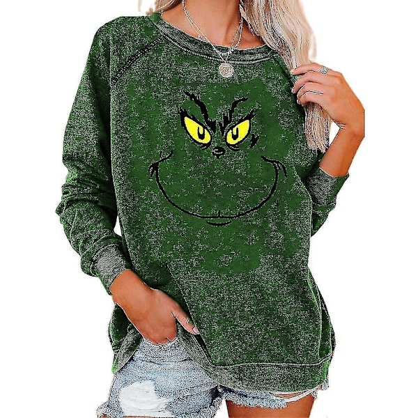 Dam Jul The Grinch Tryckt T-shirt Casual Lös Tröja Jul Rundhals Pullover Toppar Dark Green S