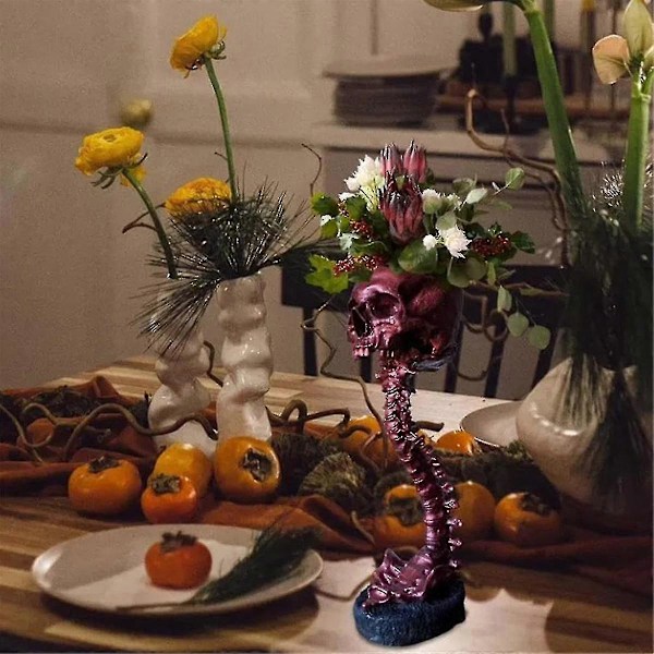 Kruka i form av dödskalle i harts & Ställ med ryggrad, Blomkruka i polyresin med dödskallar, Halloween-dekoration Retro Mänskligt dödskallehuvud Blomma