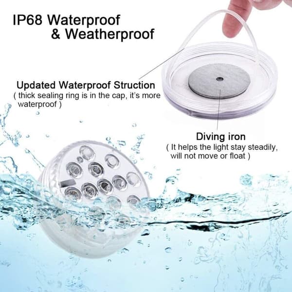 Dränkbar LED-poolbelysning – 30–50 timmars batteritid – IP68-vattentäthetsklassning – 16 RGB-färger – RF-fjärrkontroll – 4-pack