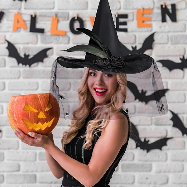 Halloween Häxhatt för Kvinnor Svart Häxhatt Vuxen Trollkarl Häxhattar för Kvinnor Flicka Cosplay Halloweenfest Kostymtillbehör (FMY)