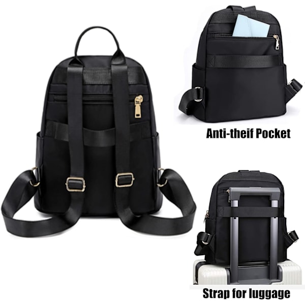 Ryggsäck för kvinnor, lätt nylon, casual ryggsäck, liten damryggsäck, anti-stöld, svart