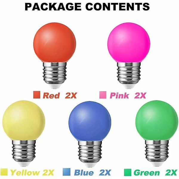10-pack E27 LED Färglampa 1W Färgglad Lampa 100LM Energibesparande Färglampa 360 Graders Vinkel, Röd, Gul, Blå, Grön och Rosa [Energiklass A]