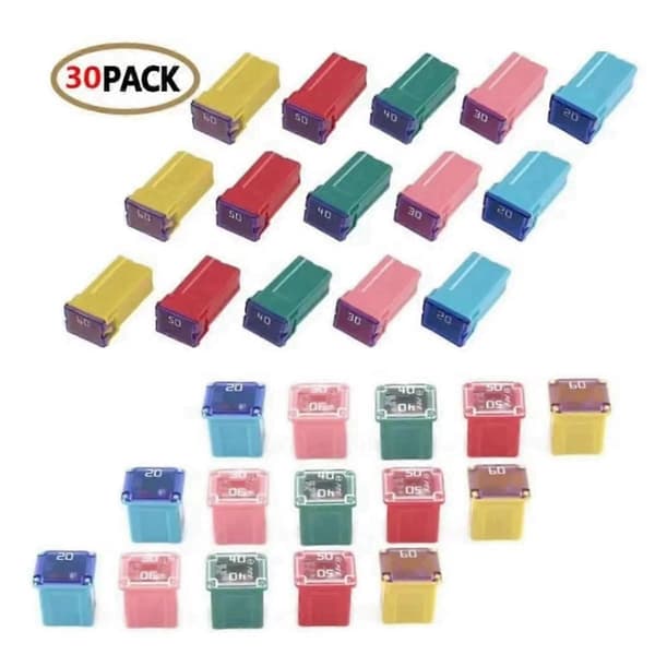 30 st låda 20A-60A PAL-säkring Mini koppar lång honsäkringssats Mini fyrkantig säkring, bilsäkringskombination