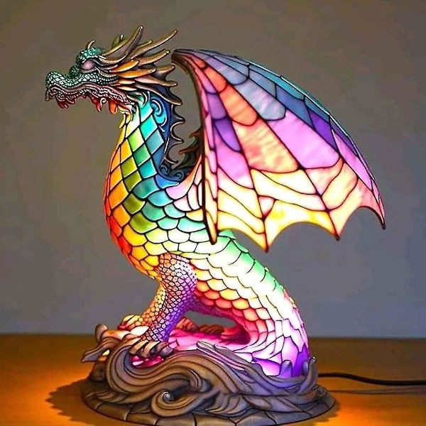 Serie Nattlampa Djur i Målat Glas, Bordslampa Djur, Målat Glas Drake/Kyckling/Katt/Varg/Delfin/Uggla/Häst/Sköldpadda Bordslampa, Målad Lampa Fo Dragon