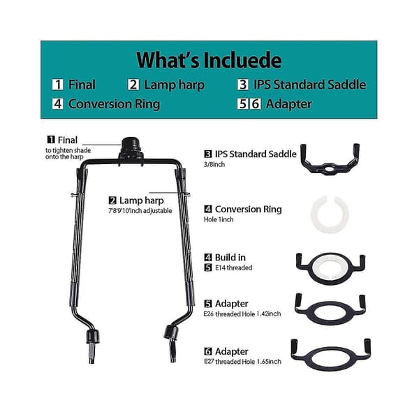 7 tommer Lampeskærm Harpeholder Justerbar Lampe Harpesæt E14, e26, e27 Lysbase Adapter Sort Horn Fra