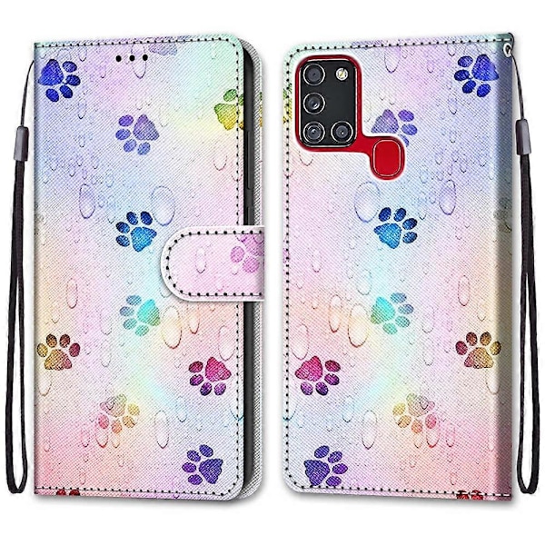 Färgat ritning korsstruktur horisontellt flip PU-läderfodral med hållare, kortfack, plånbok och snodd för Samsung Galaxy A21s (Katt som dricker läsk)