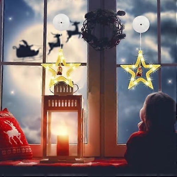 LED Julbelysning Inomhus, 2-pack LED Stjärn Julbelysning Varmvit Batteridriven med Sugproppar Juldekoration Fönster för Jul