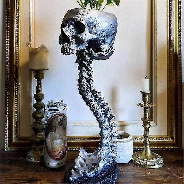 Kruka i form av dödskalle i harts & Ställ med ryggrad, Blomkruka i polyresin med dödskallar, Halloween-dekoration Retro Mänskligt dödskallehuvud Blomma