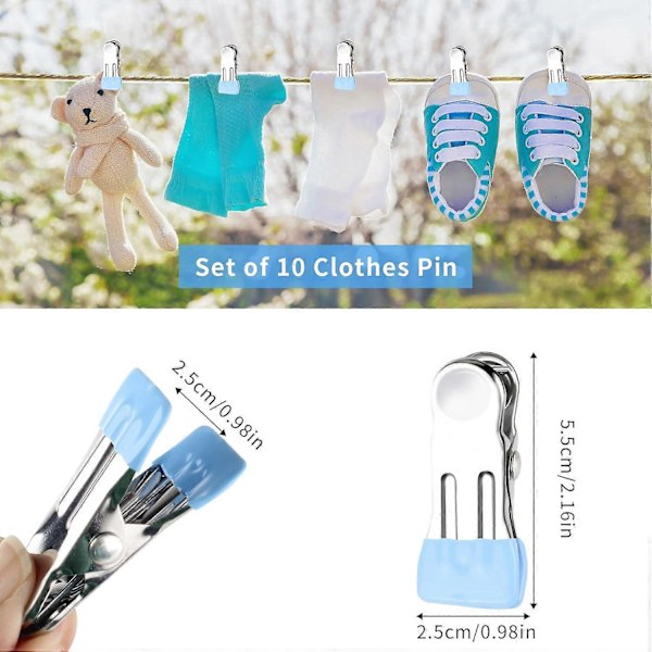Klädnypor för tvättlina, rostfria tvättklämmor, starka metallklädnypor för kläder, jeans, handdukar, foton, 10-pack (Blå)