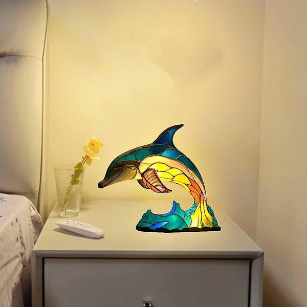 Serie Nattlampa Djur i Målat Glas, Bordslampa Djur, Målat Glas Drake/Kyckling/Katt/Varg/Delfin/Uggla/Häst/Sköldpadda Bordslampa, Målad Lampa Fo Dolphin