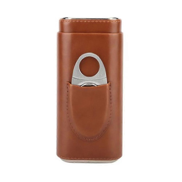 3-fingers cigarrfodral i läder, cigarrhumidor med cederfoder och cigarrsax i silverfärgat rostfritt stål - SNNGV Brown