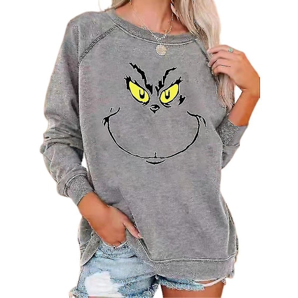 Dam Jul The Grinch Tryckt T-shirt Casual Lös Tröja Jul Rundhals Pullover Toppar Gray S