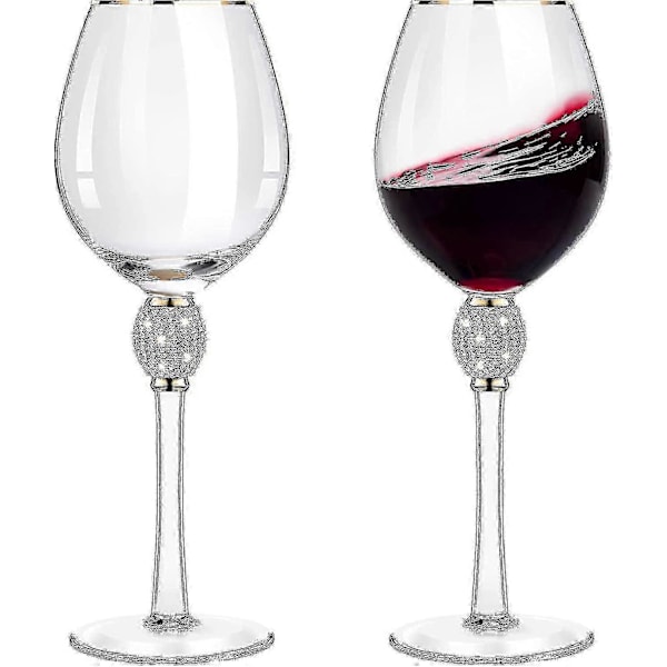 2 Stycken Rödvinsglas med Strass och Kant, Tulpanformade Diamantvinglas med Lång Fot för Bröllop, Fester, Jubileum (gyllene)