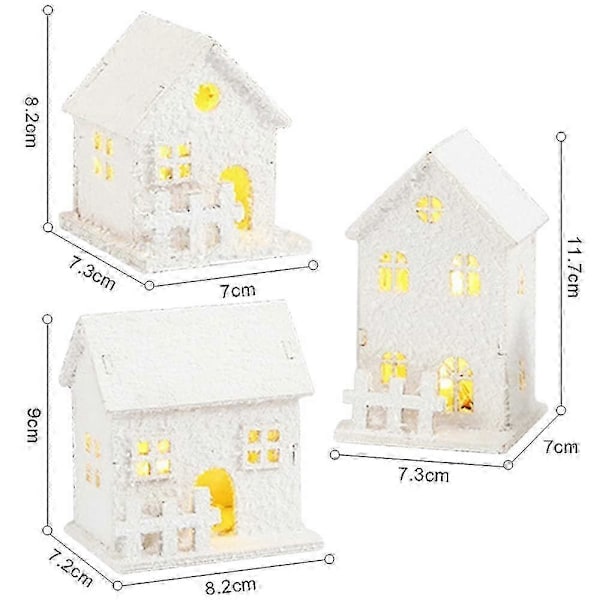 3-delad Julby Illuminerade Vit, Mini Ljus Hus Gäst Hus, Jul Lykta LED, Deco Trä Hus Skandinavisk, Jul Dekoration style3447