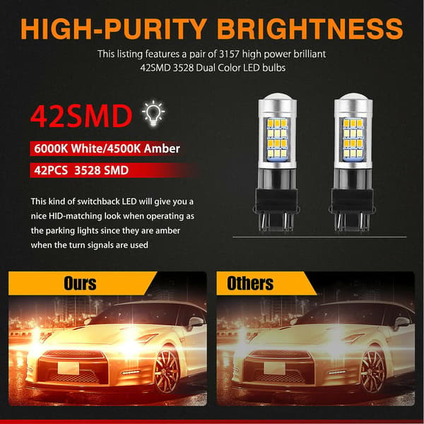 2X Feilfri Hvit/Gul 3157 LED DRL Switchback Blinklys Parkeringslys Pære