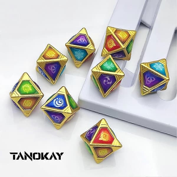Genius Invokation TCG Tärningsset, Handgjort 8 st Rombiskt Solid Polyedriskt Tärningsset med 7 Elementtärningar & 1 Omni-element för Genshin Impact Kortspel