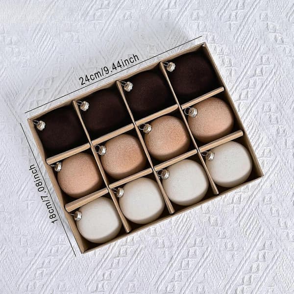 12 stk. Flocked Julekugle Ornamenter Julepynt Brudsikker Mørkegrøn Multi Coffee Multi Small