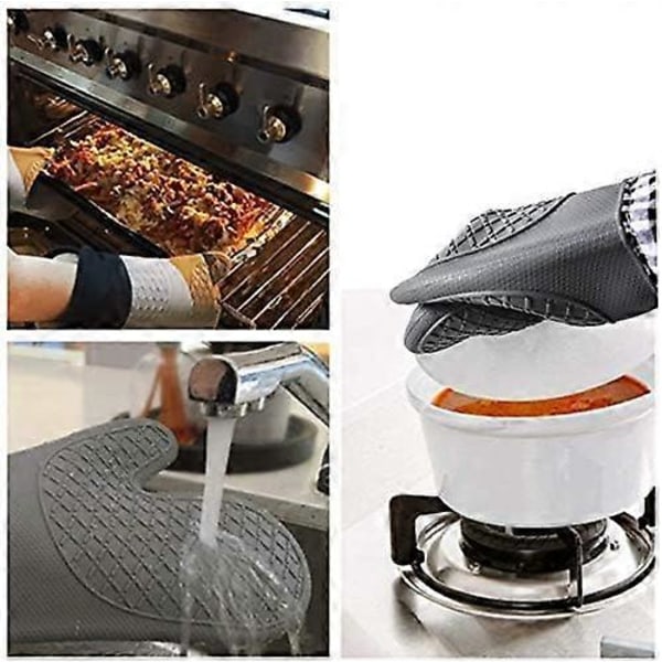 Värmebeständiga ugnshandskar - Halkfria silikon grytlappar för grillning, matlagning, bakning, mikrovågsugn med vattentätt skydd (Grå)
