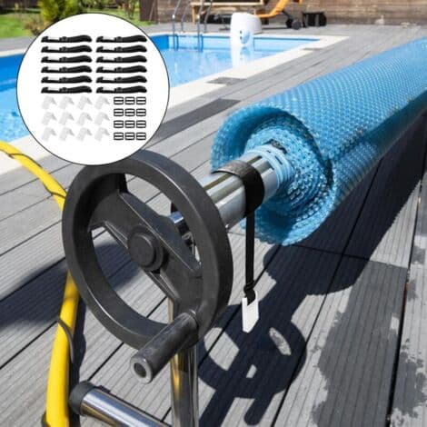Set med 12 fästremmar för poolsolfilm, poolrulle, fästband och klämmor, mobil solfilm för mobilt upprullningssystem för poolöverdrag