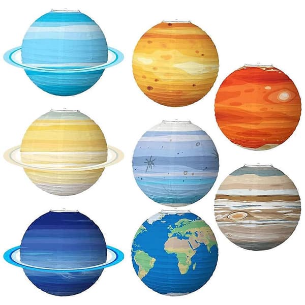 8 stk. planetdekorasjoner, papirlykter med planeter, dekorasjon til romfest
