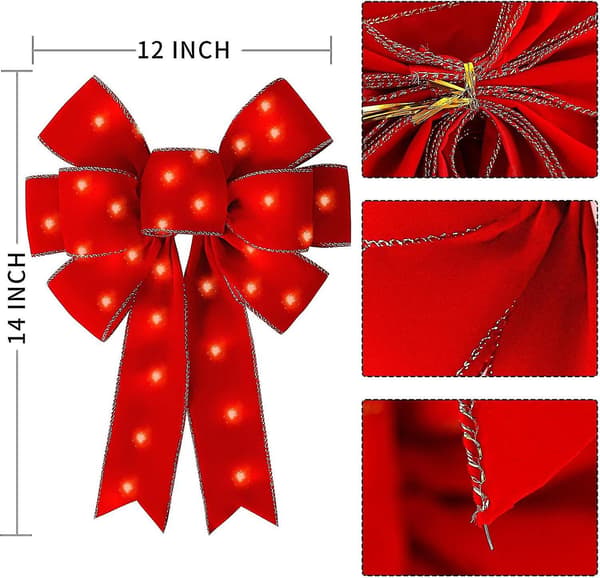 LED Røde Sløyfer Julepynt Stor Kablet Fløyelssløyfe med LED-lys for Kranser Utendørs, Tre LED 1-pack (12*14 inch)