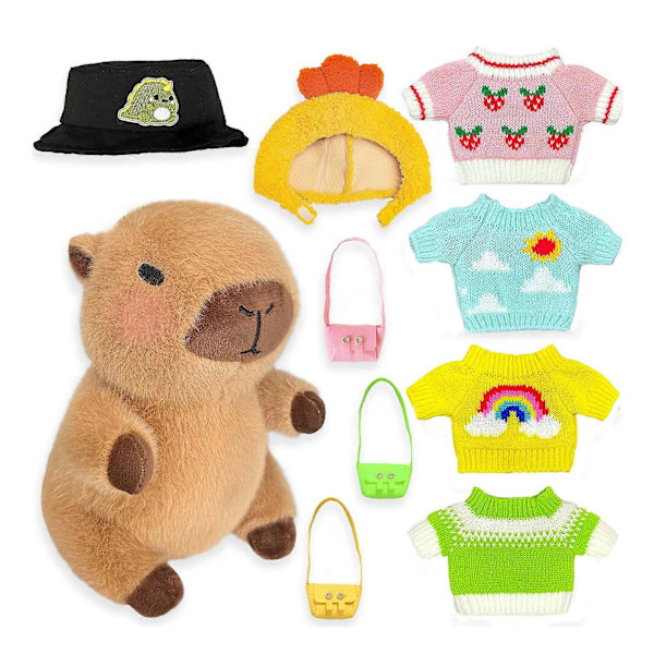 Capybara Plyschleksak med 9 st Klädtillbehör Pedagogisk DIY Docka Utklädning Söt Capybara Gosedjur för Flickor Pojkar (FMY)