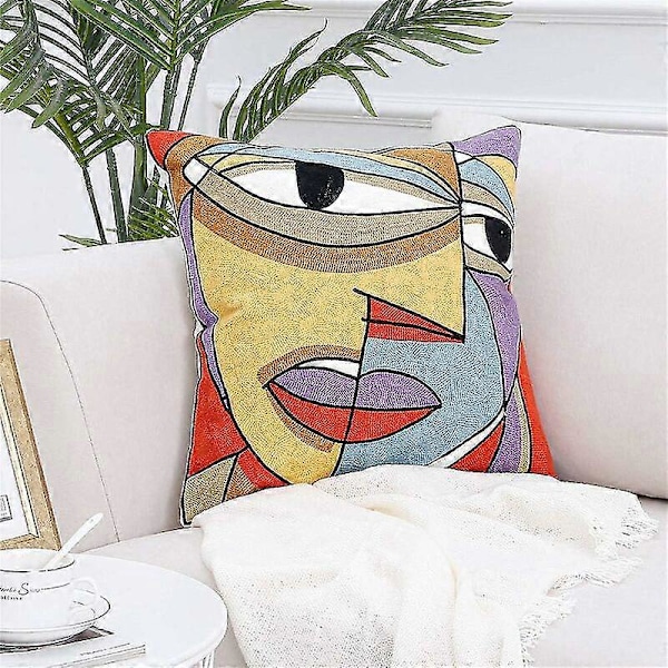 Set med 4 Picasso kuddfodral 45 x 45 cm broderade bomullslinne soffkuddar skandinavisk vardagsrumsdekoration sovrum säng kontor (FMY)