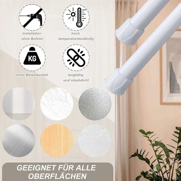 2-pack 30-50 cm teleskopstänger, klämstänger för gardiner, klämstång för gardiner, vit utdragbar gardinstång utan borrning för kit (FMY)