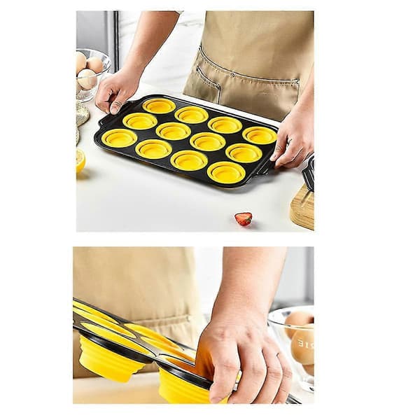 Silikon Muffinsform med Metallramme, Egg Bite Maker Silikonformer for Baking, Cupcake Former 12 Vanlig Størrelse Gul