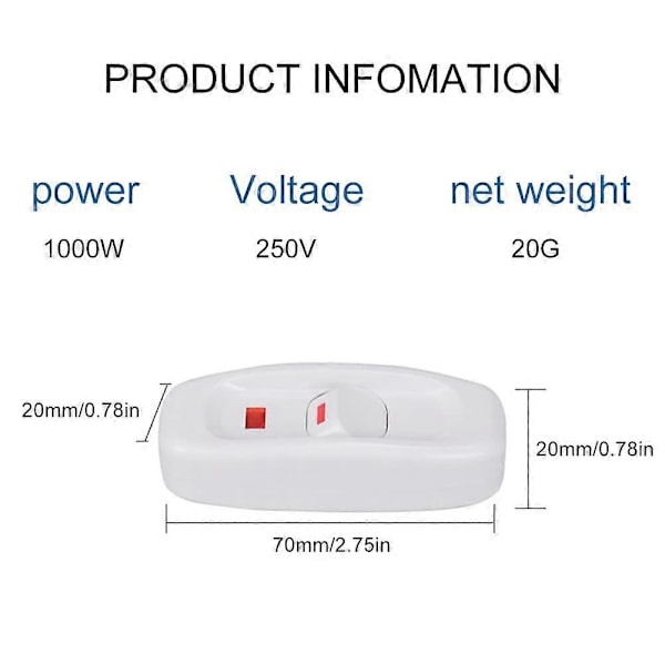 Sladdströmbrytare med vippströmbrytare för lampa, sladdströmbrytare, lampströmbrytare, inline på/av-strömbrytare, 2 stycken 250V 10A Inline PÅ/AV Bordslampa Sladdströmbrytare