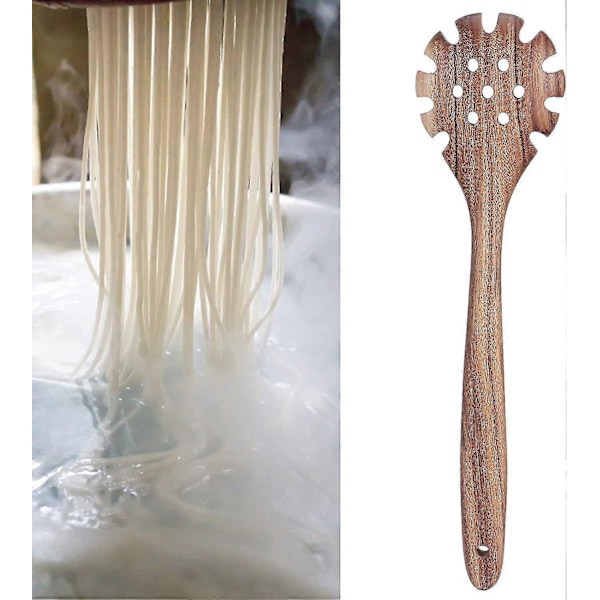 Träslev för hushållsbruk, köksredskap i teak, naturlig träslev, nudelsil, slitsad stekspade, spaghettislev, köksredskap