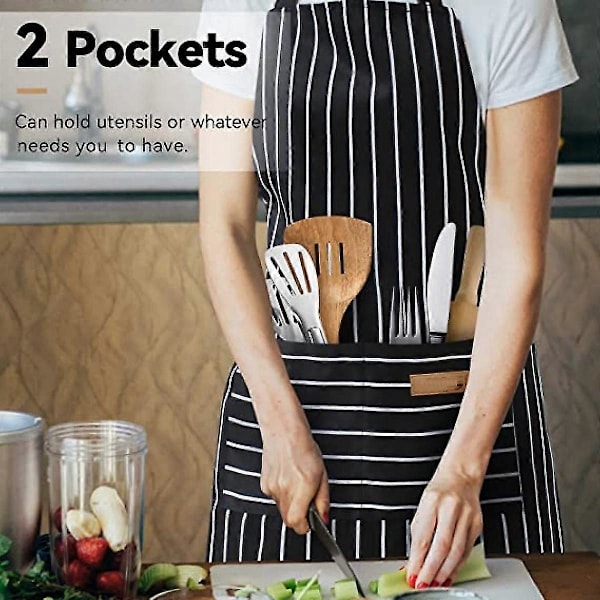 2-pack Köksförkläden, Justerbara Mjuka Kockförkläden med 2 Fickor för Män och Kvinnor (Svart/Bruna Ränder)