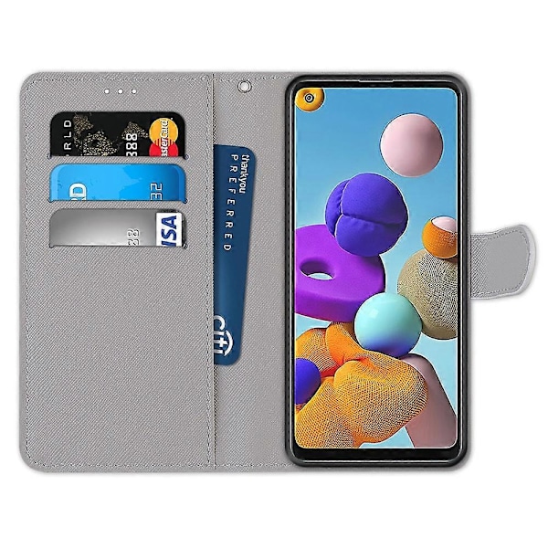 Färgat ritning korsstruktur horisontellt flip PU-läderfodral med hållare, kortfack, plånbok och snodd för Samsung Galaxy A21s (Katt som dricker läsk)
