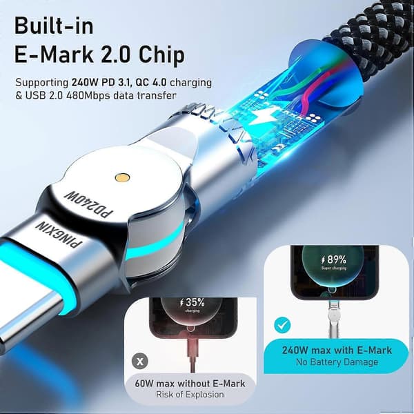 Højkvalitets splinternyt USB C til USB C-kabel 10FT 240W, 180° roterende USB C-kabel