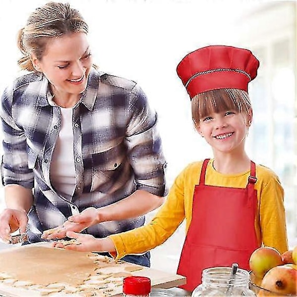 Barnförkläde och kockhattset, justerbart barnförkläde med 2 fickor för pojkar och flickor, för matlagning, bakning, målning (7-13 år)