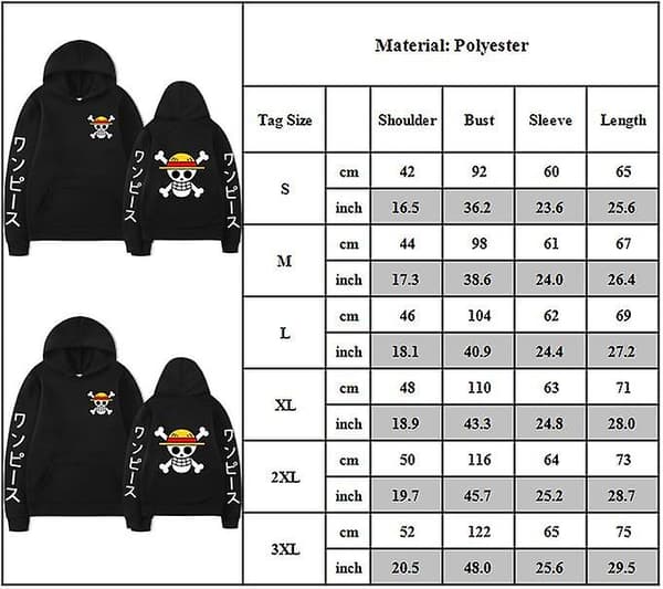 One Piece Anime Trykt Hættetrøje Langærmet Casual Hættetrøjer Pullover Toppe Til Mænd Kvinder XL