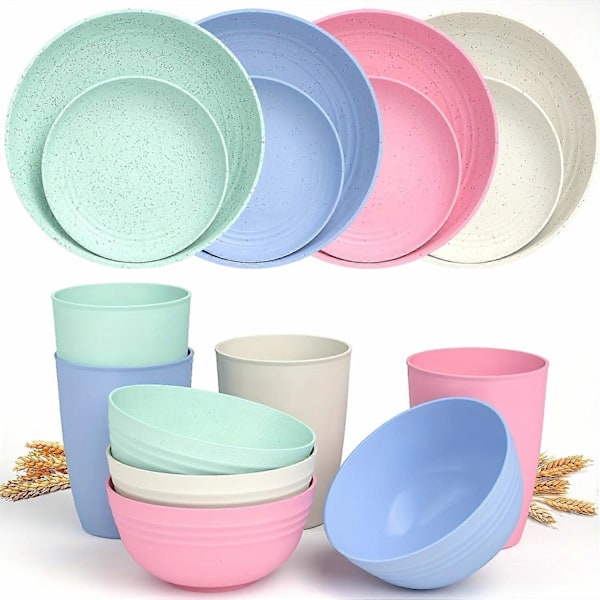 16 st Okrossbara Matserviser av Vetestrå, Lätta Tallrikar, Koppar och Skålar, Diskmaskins- och Mikrovågssäkra, För Husbil, Utomhuscamping Green 16-piece Set