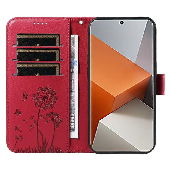 För Xiaomi Redmi Note 13 Pro 5G Läderfodral Plånboksfodral Maskrosavtryck - Multicolor Red