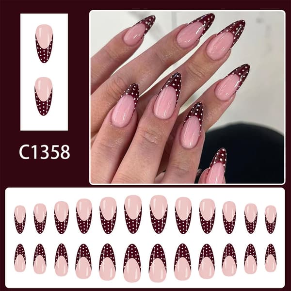24-pack Oval French Manicure False Nails Burgundy White Polka Dot Design