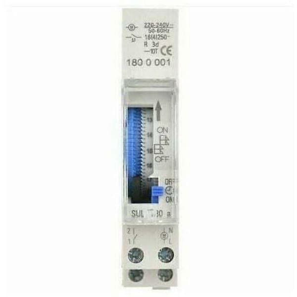 24-timers mekanisk timer Programmerbar i intervaller på 15 minutter DIN-skinnemontering AC220-240V spænding Integreret 1,2V 40mAh Ni-MH batteri
