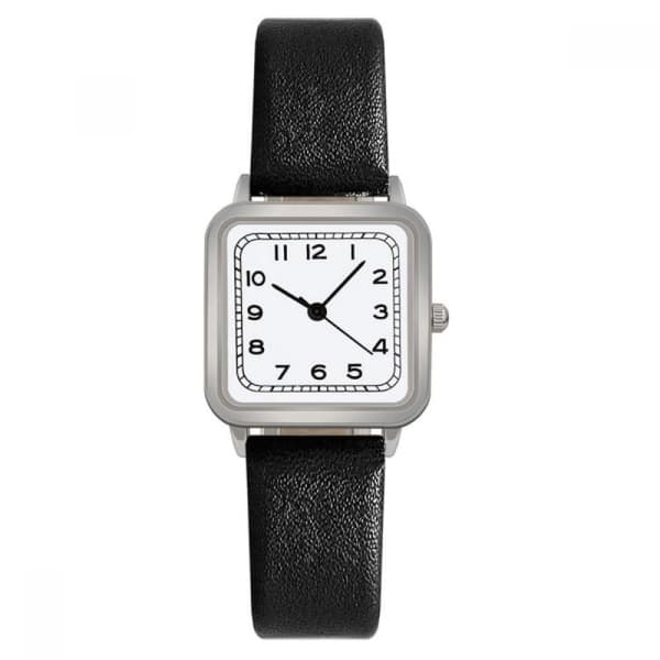 Women's Watch with Leather Strap and Square Case - Black