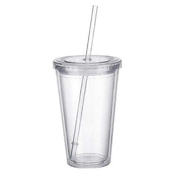 Dubbelväggig plastmugg med lock och sugrör, isolerad kaffemugg, 500 ml, transparent