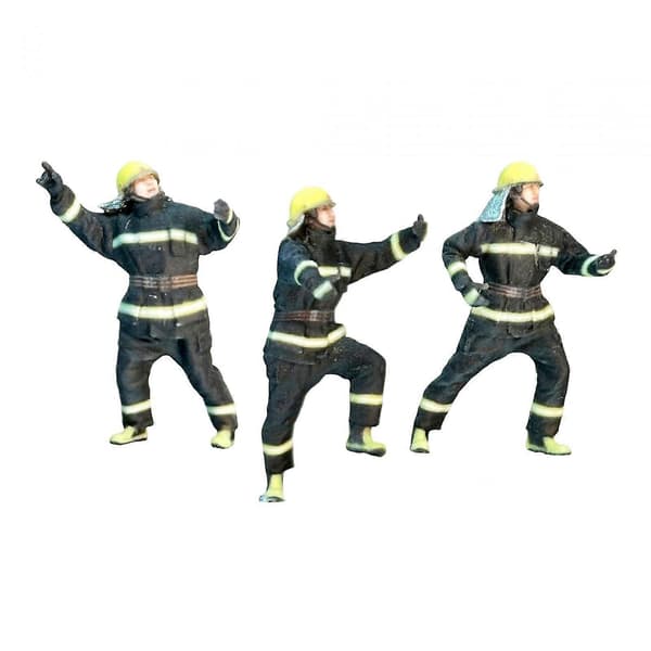 3 stk. brannmannfigurer i harpiks, små folkemodeller, samleobjekter, modelltog 87th