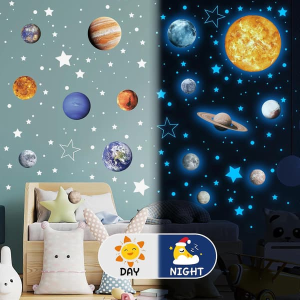 Solsystemet självlysande väggdekaler, 780 st självhäftande planeter & stjärnor för tak och sovrum, barnrumsdekoration, blå. Solar System-blue