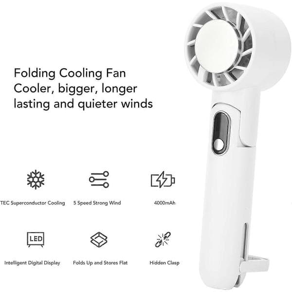 Bærbar håndholdt køleventilator 5 hastigheder LED-display TFC-køling foldbar mini ansigtsventilator White