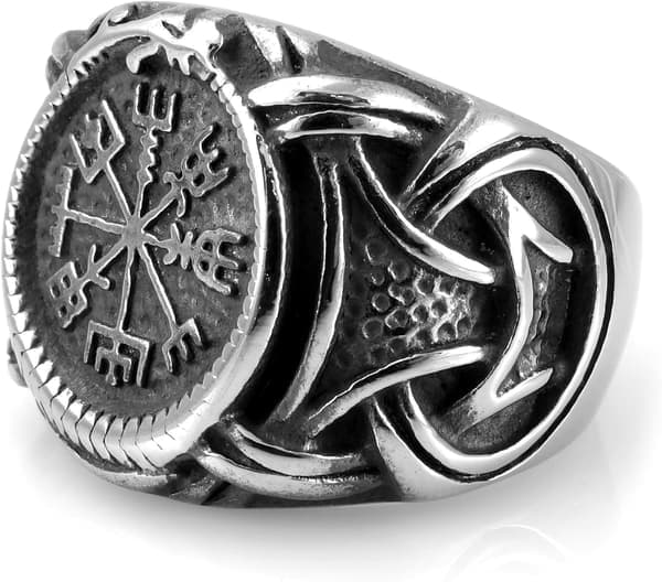 Vikingaring i rostfritt stål med Vegvisir och keltisk knut