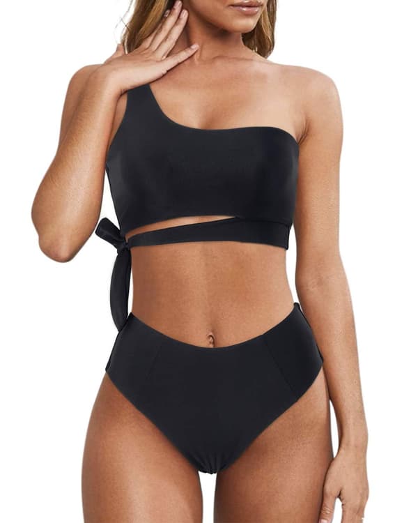 En axel dam bikini set hög midja slips tvådelad baddräkt