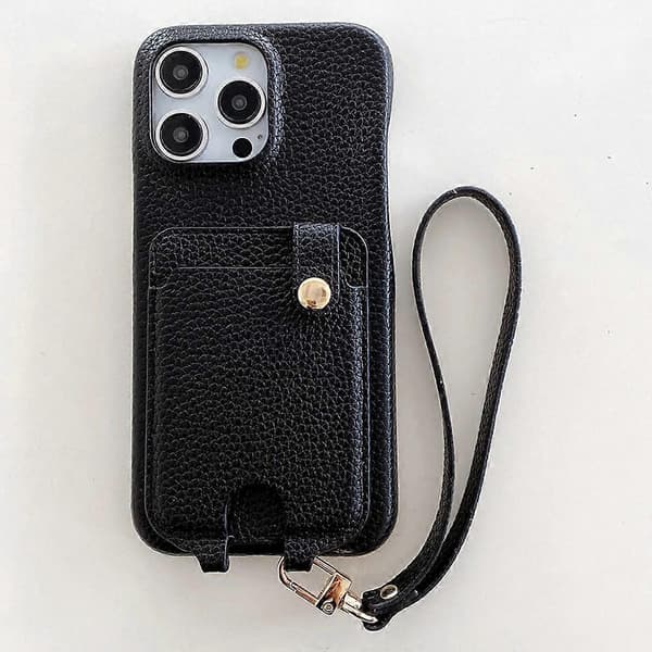 Til iPhone 14 Pro etui Multifunktionelle kortpladser Læderbagcover med håndledsrem - Multicolor Black